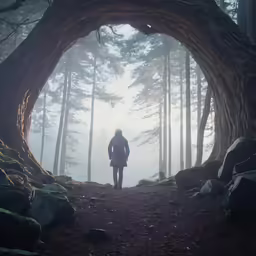 a person is looking into the forest through a tree tunnel