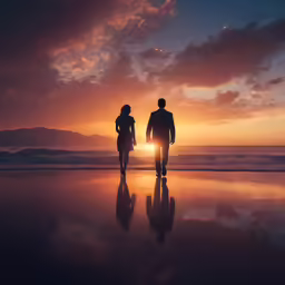 two people are walking away from the camera while they are at the beach
