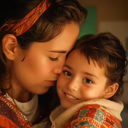 a woman with her face next to a small child