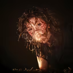 a person in dark with a weird face on their face