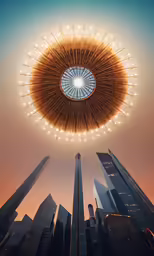 two skyscrapers in front of an orange sky