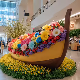 a big fake boat with flowers in it