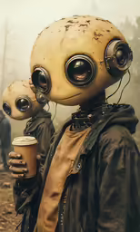 the two people in a gas mask are holding cups