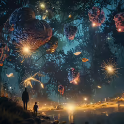a person standing under a tree filled with lots of stars