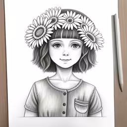 a drawing of a girl with sunflowers in her hair,a drawing of a woman wearing sunflowers with a flower crown on her head