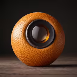 an orange with some sort of lens inside of it