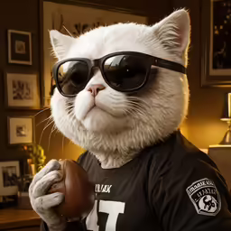 white cat wearing glasses holding a football