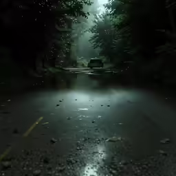 a wet road with trees and rain falling off the sides