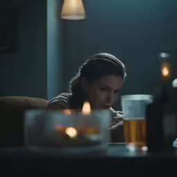 a woman in the dark staring at a candle