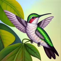 a bird with a green and red colored tail is sitting on a branch next to green leaves,a hummingbird sitting on a branch near green leaves,a hummingbird sits on a branch of a leaf,a bird is perched on top of a green branch,the small humming bird is standing on top of the green leaves