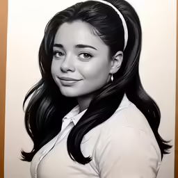 a drawing of a woman in a white shirt smiling
