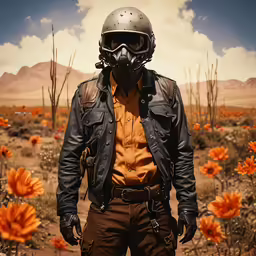 a man with a gas mask and leather jacket in a desert scene