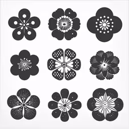 six flower shapes are shown with some dots in the center,a picture of six different flowers in black and white
