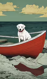 a dog in a red boat near a boat,a dog that is in a red boat