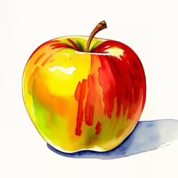 an apple is painted with red, yellow and green,an apple painted in bright colors with the rainbow and yellow stripes