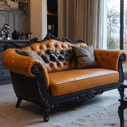a large brown couch sitting next to a window