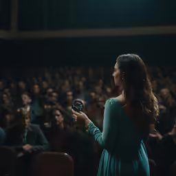 a woman looking at something in her hand while sitting in front of a crowd