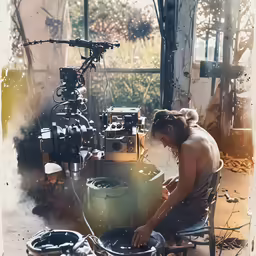 a man that is sitting down with a machine
