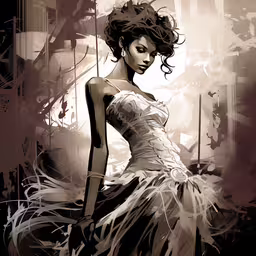 a painting that is of a woman wearing a white dress,a woman in a white gown and hair is shown
