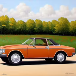 an orange old car is parked in the dirt,a painting of an orange car sitting in the grass