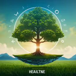 a tree with the word healine above it and an image of mountains in the background,a picture of a tree with a body of water