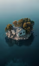 an island with trees is shown in this aerial view