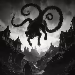 an octopus is jumping up into the air while two people walk by