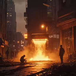 the man is kneeling down by the fire