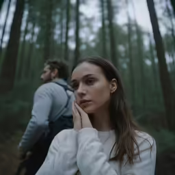 a young man and woman standing in the woods with a white shirt