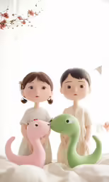 two children sitting in bed next to an adorable toy
