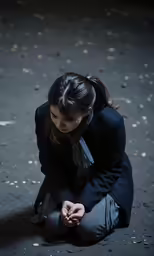 the woman is sitting down and wearing her black coat