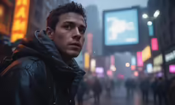 a man with a hooded jacket on standing in the street