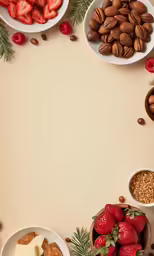 a spread of nuts, fruits, and other food items on a brown surface