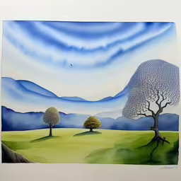painting of two trees in a field near mountains,watercolor on paper of two trees in the mountains