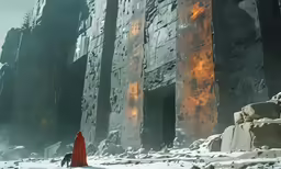 a man and his dog near an ice - covered city