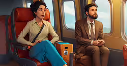 a young man and woman sit on seats inside of a plane,two women sit in the seat of an airplane while an official man looks out the window