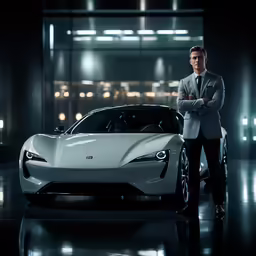 man in suit and tie standing in front of a sports car