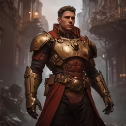 a man in armor with an umbrella standing next to a building