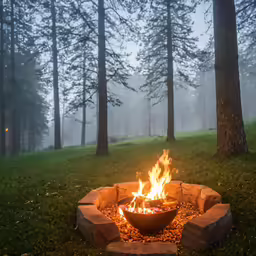 a fire pit in the middle of some woods