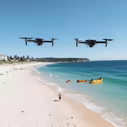 two planes fly over a beach with people in the ocean