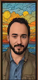 a portrait painting of a man looking at the camera,a man looking straight ahead in front of a picture of the ocean