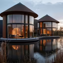 two circular homes sit next to the water in a peaceful setting
