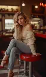 a beautiful young woman sitting on a red bar stool