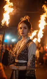 a woman dressed in costume is holding a torches