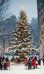 people sitting around a christmas tree in a snowy courtyard