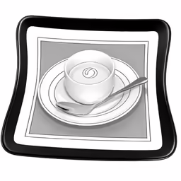 a black and white drawing of a saucer with a bowl