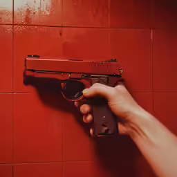 a person holding a red gun near the wall