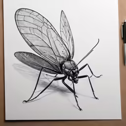 an insect drawn on paper next to a pen