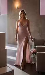 woman in a pink gown walking away from a couch