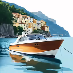 a speed boat traveling through a body of water near a town